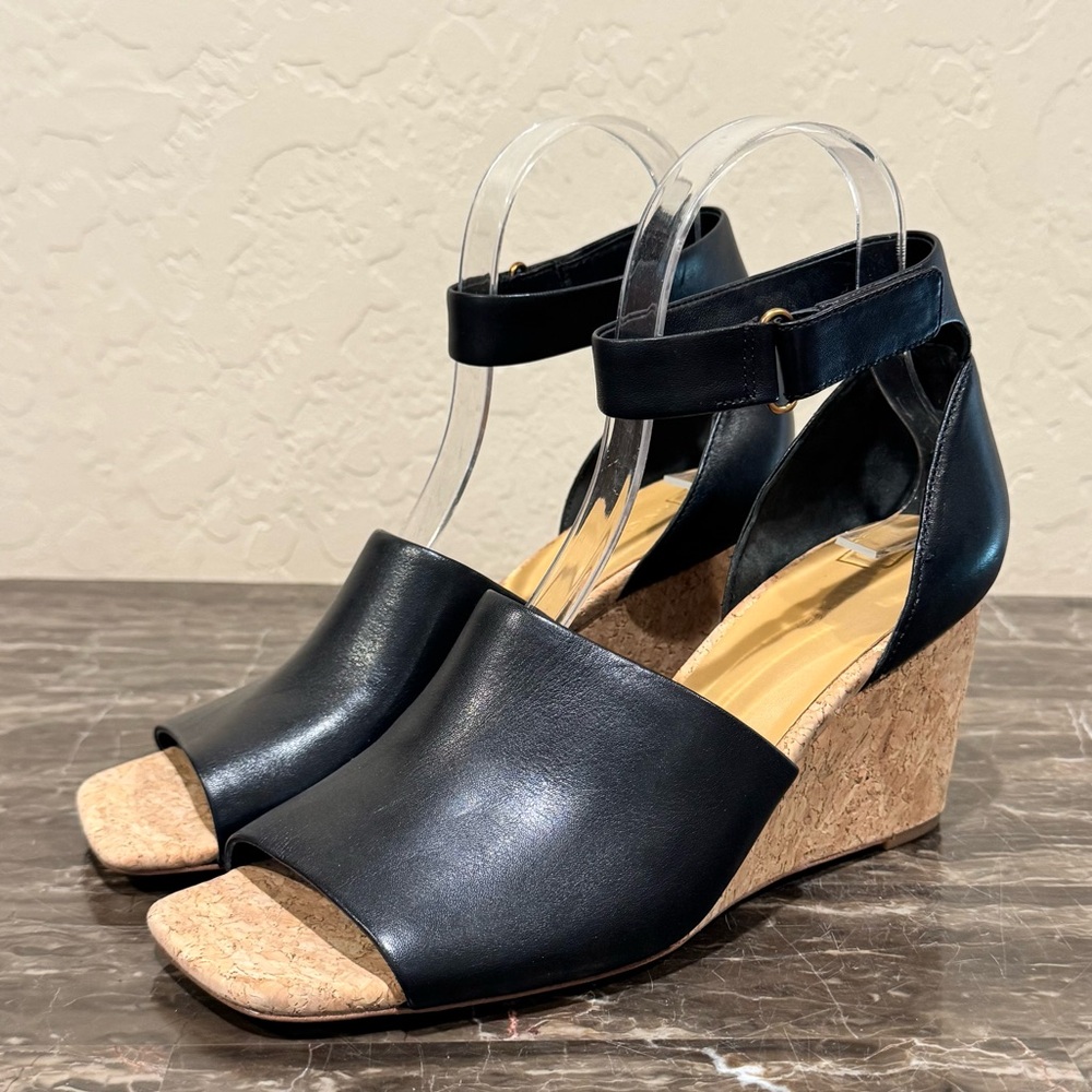 Vince Kensey Black Leather Cork Wedge Sandals - Picture 3 of 11